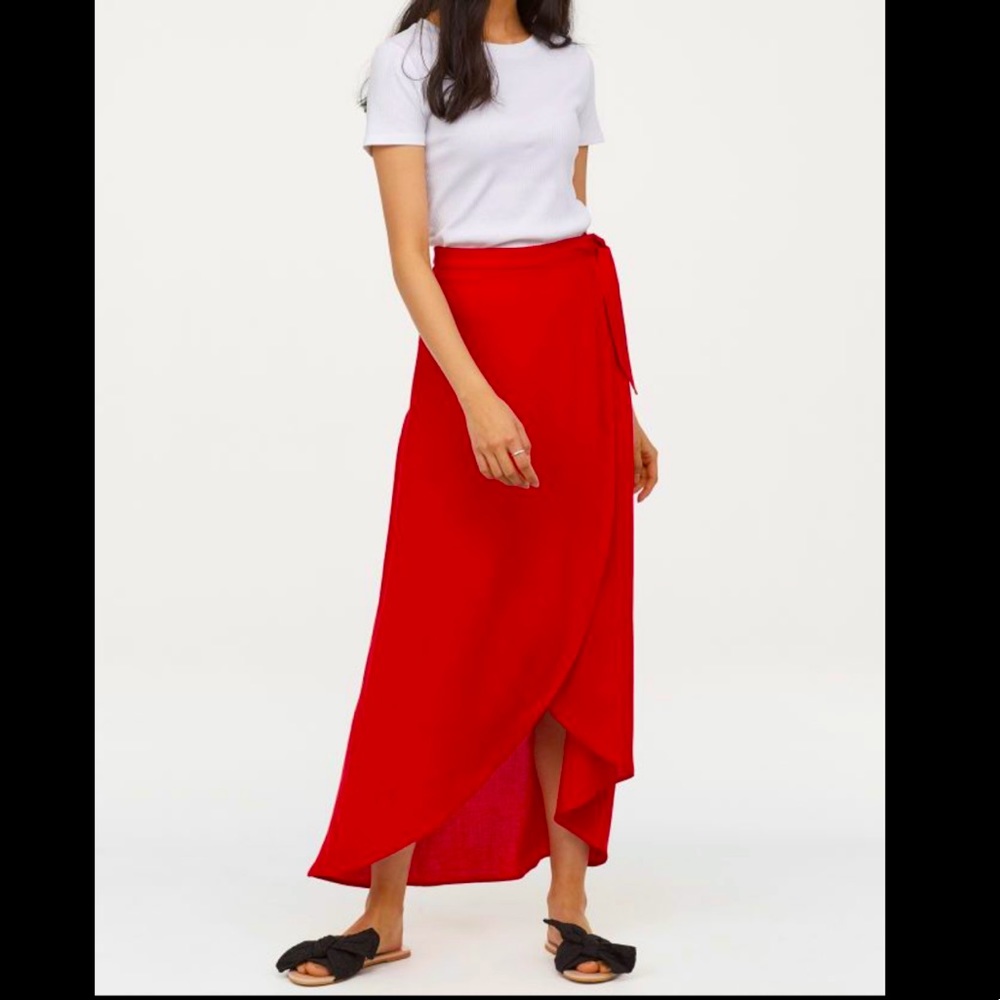 H&M Red wrap midi skirt with side waist tie